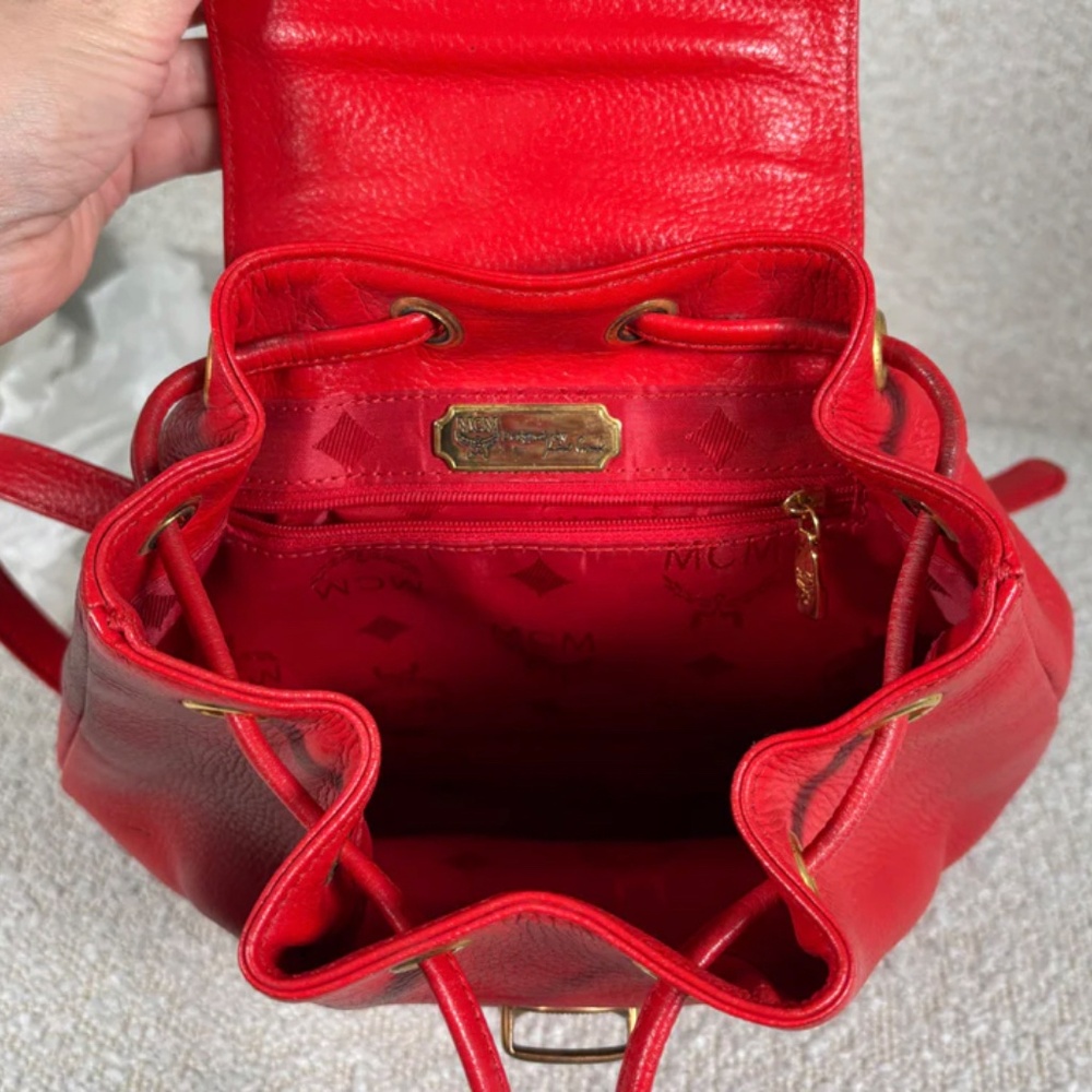 Authentic MCM Red Leather Studded Drawstring Backpack - Picture 9 of 10